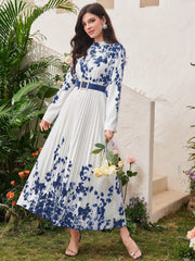 Modely Women Spring Floral Printed Long Sleeve Pleated Hem Maxi Dress - WestLine Apparel