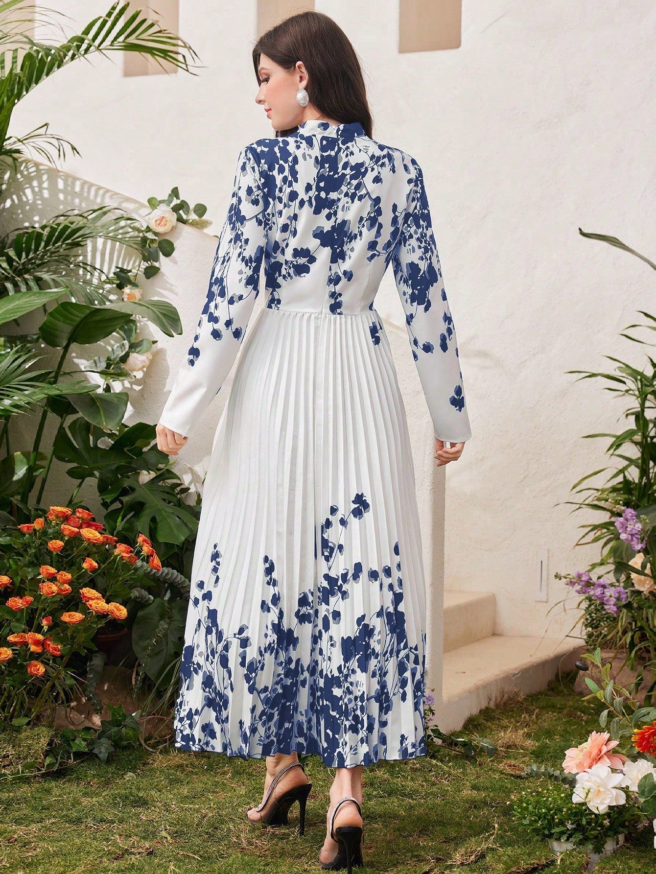 Modely Women Spring Floral Printed Long Sleeve Pleated Hem Maxi Dress - WestLine Apparel