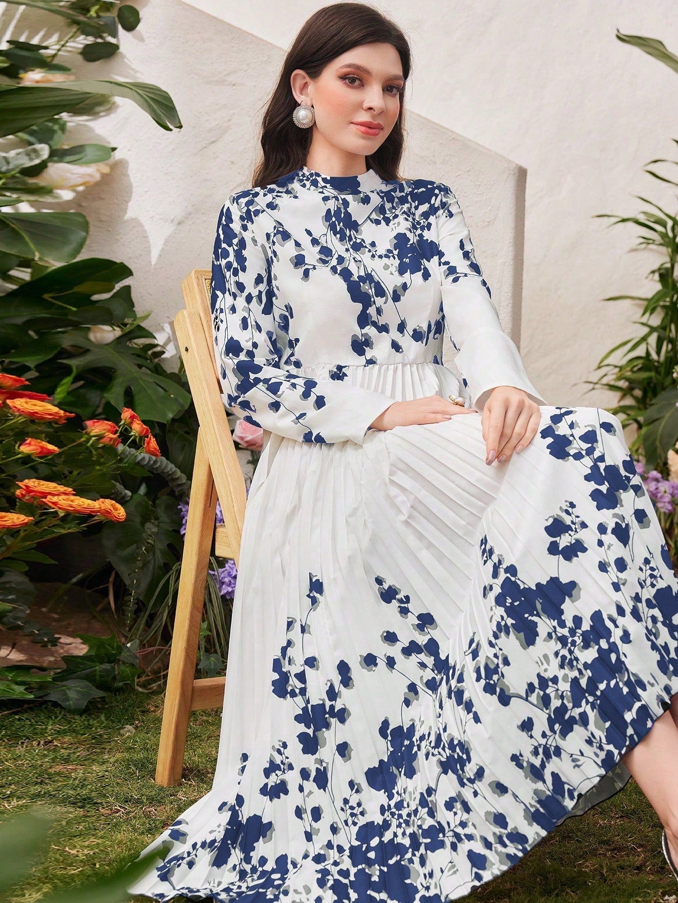 Modely Women Spring Floral Printed Long Sleeve Pleated Hem Maxi Dress - WestLine Apparel