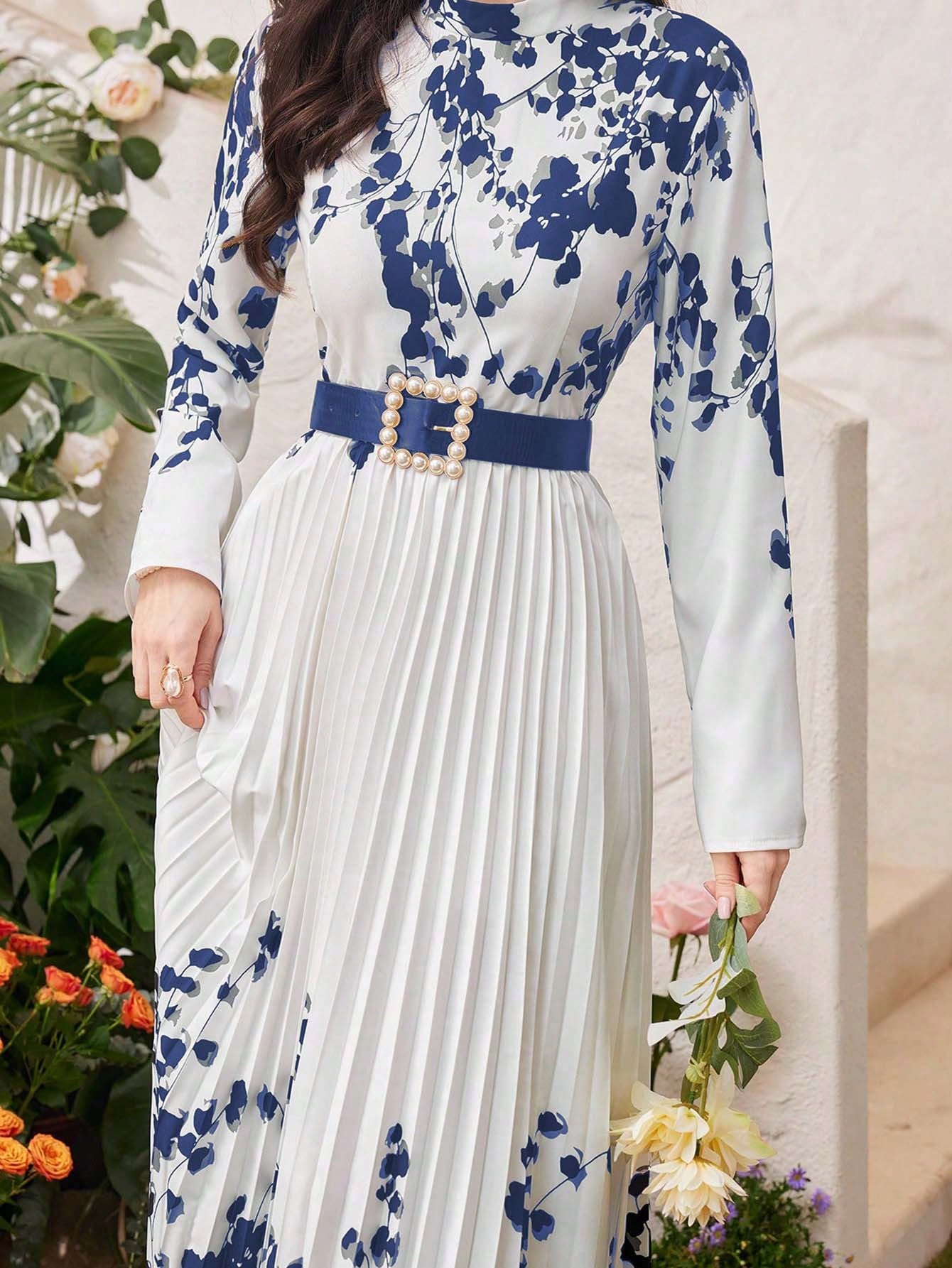 Modely Women Spring Floral Printed Long Sleeve Pleated Hem Maxi Dress - WestLine Apparel