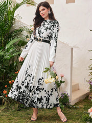 Modely Women Spring Floral Printed Long Sleeve Pleated Hem Maxi Dress - WestLine Apparel
