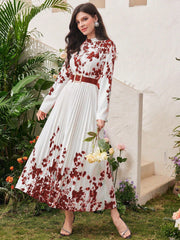 Modely Women Spring Floral Printed Long Sleeve Pleated Hem Maxi Dress - WestLine Apparel