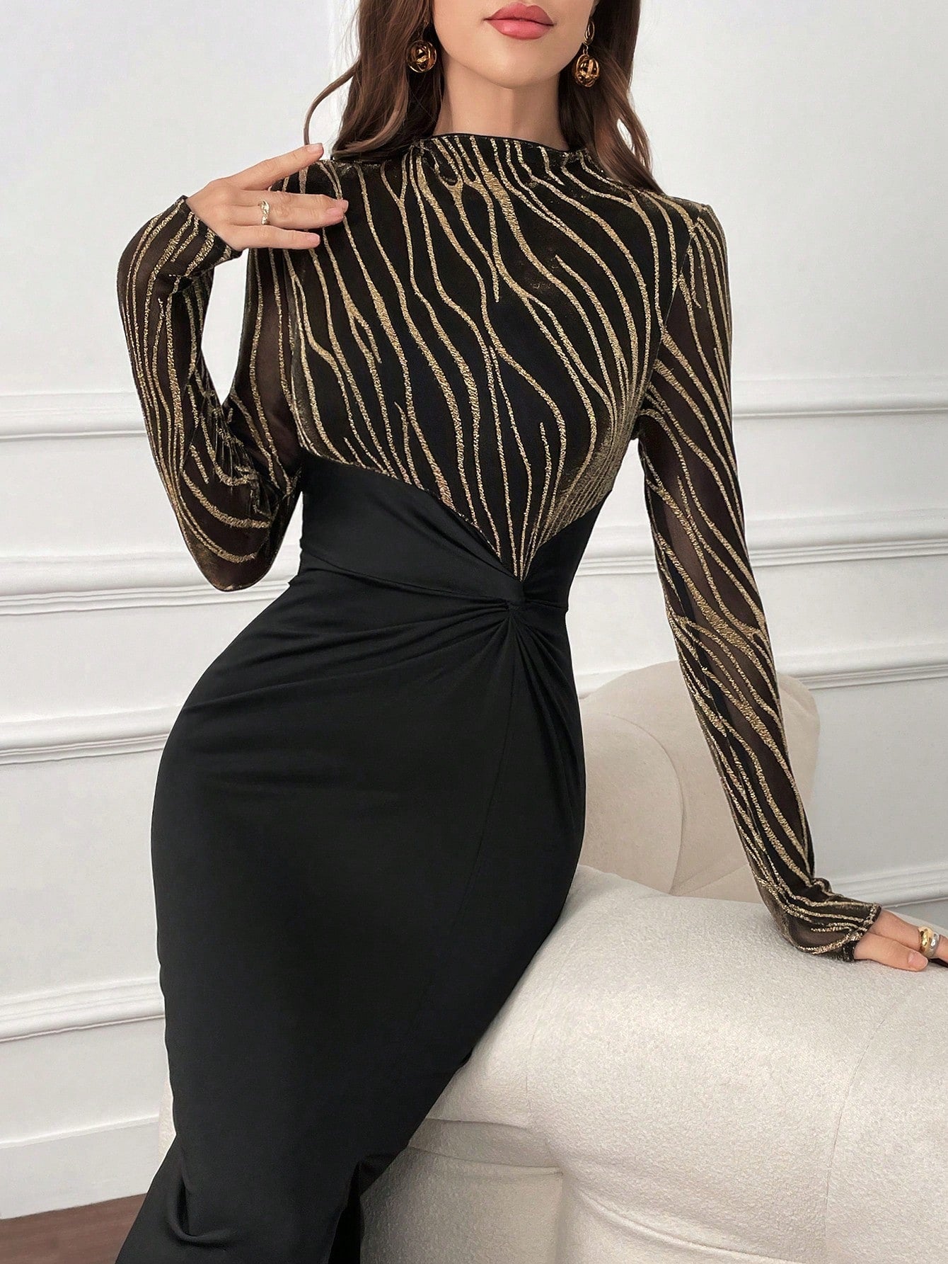 Modely Women's Zebra Striped Stand Collar Long Sleeve Side Slit Hem Twist Waist Bodycon Dress With Foil Printing, Elegant Evening Party Maxi Dress,Ladies Elegant Split,Split Thigh,Twist Long Sleeve Stand Collar Slim Fit Long Black Regular Sleeve Graphic - WestLine Apparel