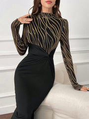 Modely Women's Zebra Striped Stand Collar Long Sleeve Side Slit Hem Twist Waist Bodycon Dress With Foil Printing, Elegant Evening Party Maxi Dress,Ladies Elegant Split,Split Thigh,Twist Long Sleeve Stand Collar Slim Fit Long Black Regular Sleeve Graphic - WestLine Apparel