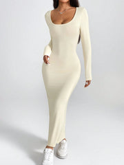 PETITE Solid Color Round Neck Slim Long Sleeve Dress - WestLine Apparel
