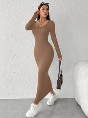 PETITE Solid Color Round Neck Slim Long Sleeve Dress - WestLine Apparel