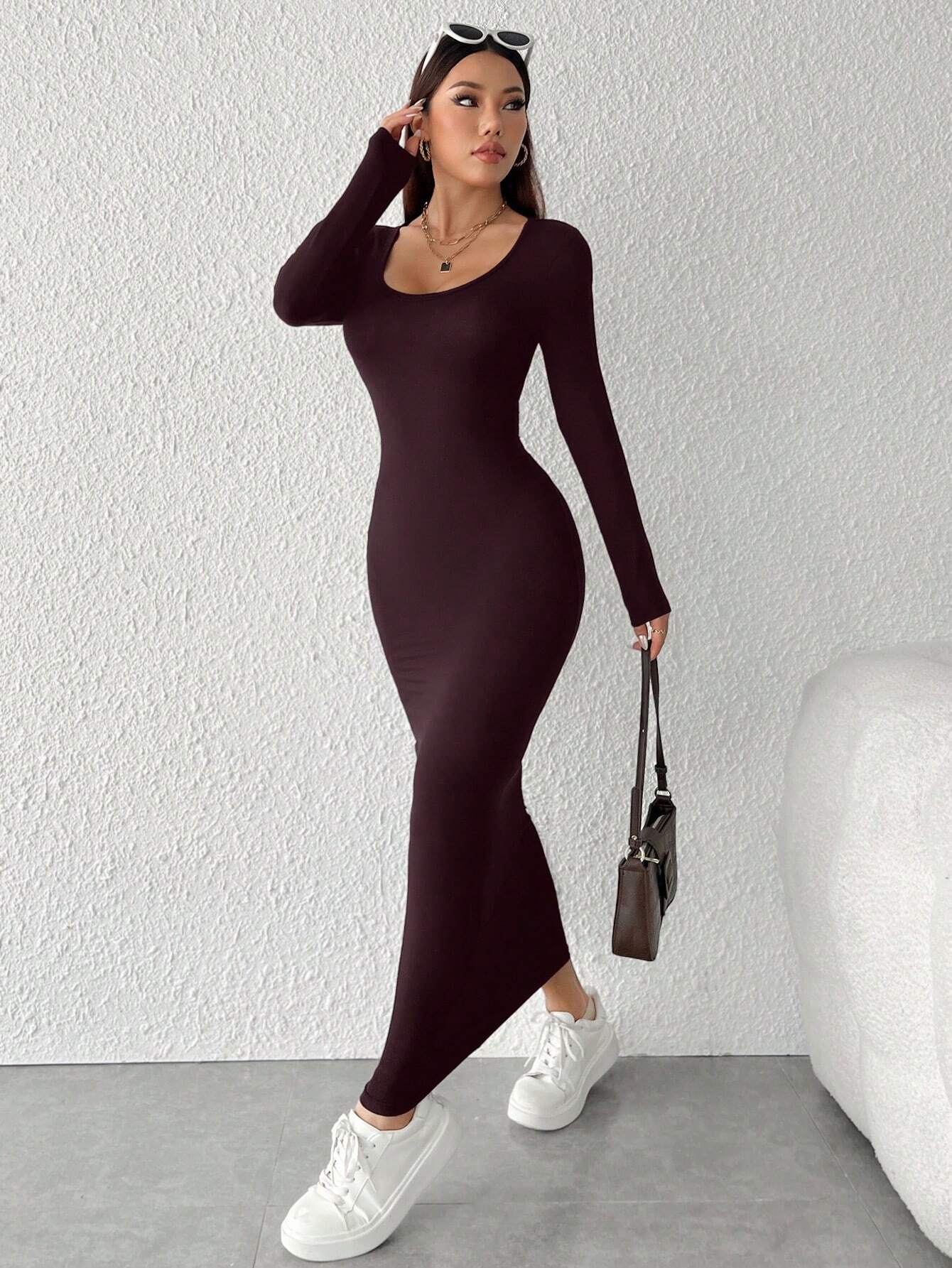 PETITE Solid Color Round Neck Slim Long Sleeve Dress - WestLine Apparel