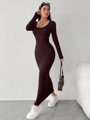 PETITE Solid Color Round Neck Slim Long Sleeve Dress - WestLine Apparel