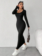 PETITE Solid Color Round Neck Slim Long Sleeve Dress - WestLine Apparel