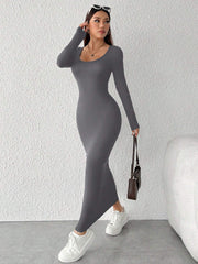 PETITE Solid Color Round Neck Slim Long Sleeve Dress - WestLine Apparel