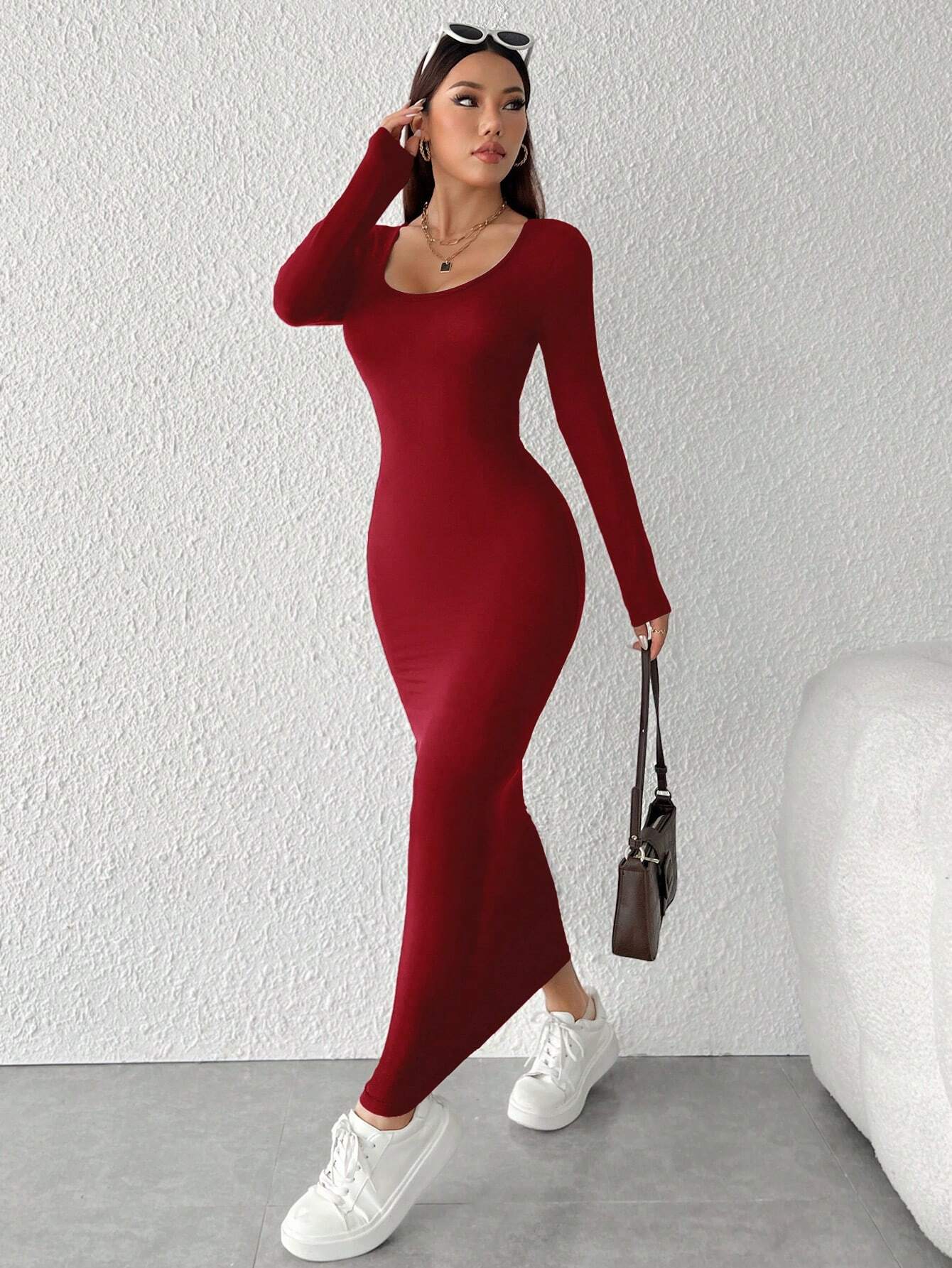 PETITE Solid Color Round Neck Slim Long Sleeve Dress - WestLine Apparel