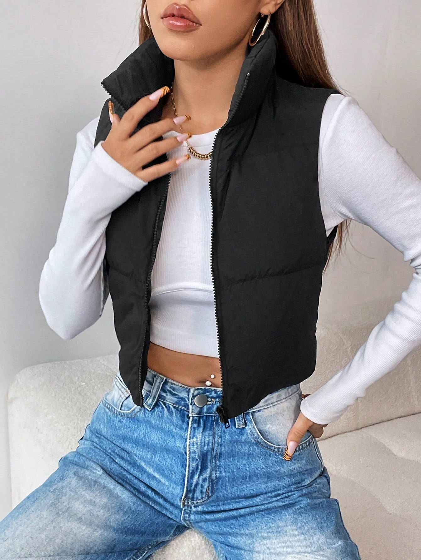 PETITE Zip Up Crop Vest Padded Coat - WestLine Apparel