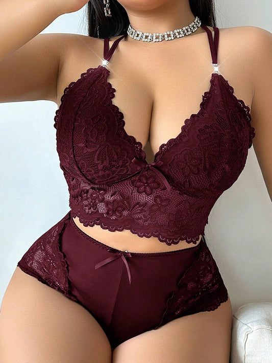 Plus Size Lace Sexy Halterneck Nightwear Set - WestLine Apparel