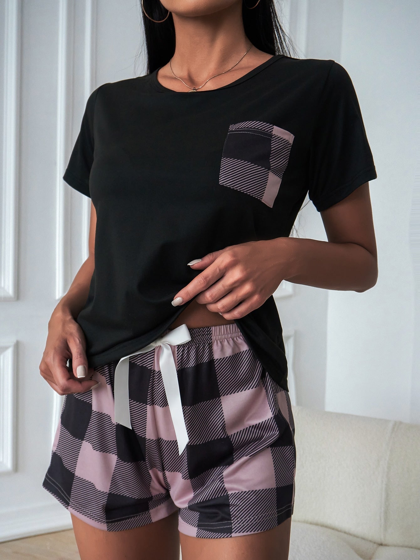 Pocket Patched Tee & Buffalo Plaid Print Shorts PJ Set / Pajama Set - WestLine Apparel