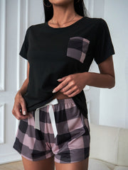 Pocket Patched Tee & Buffalo Plaid Print Shorts PJ Set / Pajama Set - WestLine Apparel