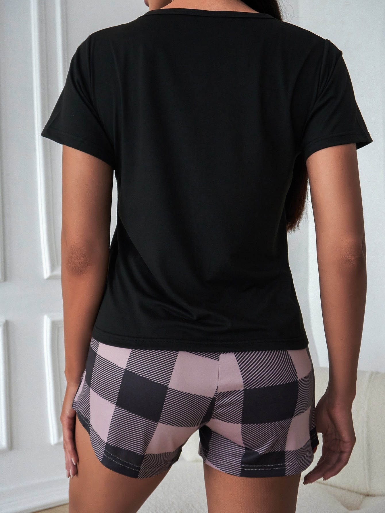 Pocket Patched Tee & Buffalo Plaid Print Shorts PJ Set / Pajama Set - WestLine Apparel