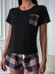 Pocket Patched Tee & Buffalo Plaid Print Shorts PJ Set / Pajama Set - WestLine Apparel