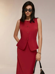 Poéselle 2 Pieces Minimalist Sharp Fashion Sleeveless Single Breasted Vest Dress Set, Spring Autumn Elegant Set, Comfortable, Trendy, French, Elegant, Casual, Simple Everyday, Solid Colours, Holiday Casual, Easy Fashion, Modest, Singles, Suitable For Hol - WestLine Apparel