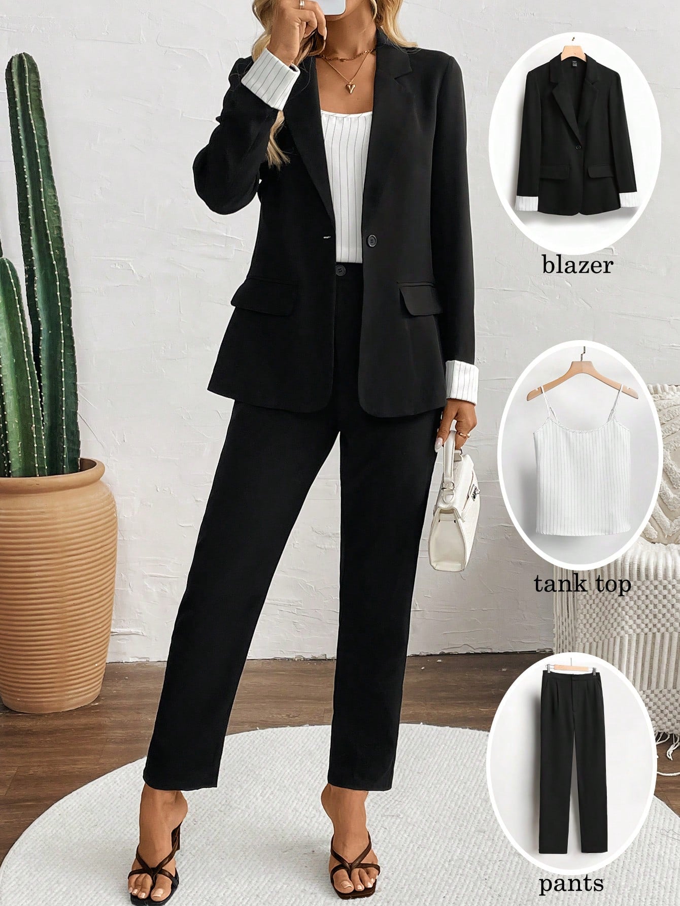 Privé 3pcs Women's Set: Contrast Color Cuffs Long Sleeve Jacket, Spaghetti Strap Camisole, Solid Color Long Pants - WestLine Apparel