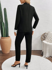 Privé 3pcs Women's Set: Contrast Color Cuffs Long Sleeve Jacket, Spaghetti Strap Camisole, Solid Color Long Pants - WestLine Apparel