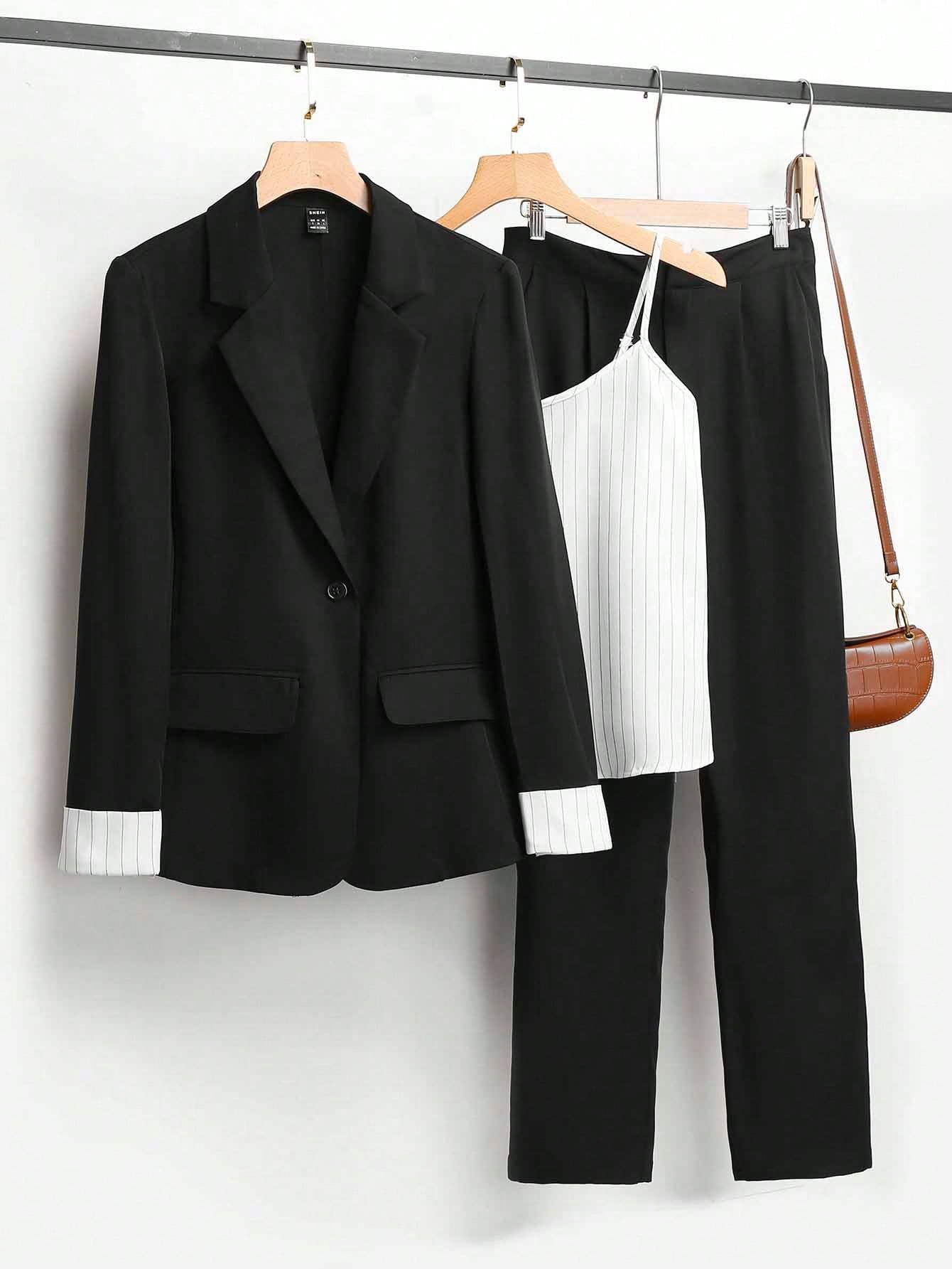 Privé 3pcs Women's Set: Contrast Color Cuffs Long Sleeve Jacket, Spaghetti Strap Camisole, Solid Color Long Pants - WestLine Apparel