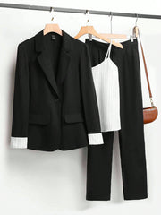 Privé 3pcs Women's Set: Contrast Color Cuffs Long Sleeve Jacket, Spaghetti Strap Camisole, Solid Color Long Pants - WestLine Apparel