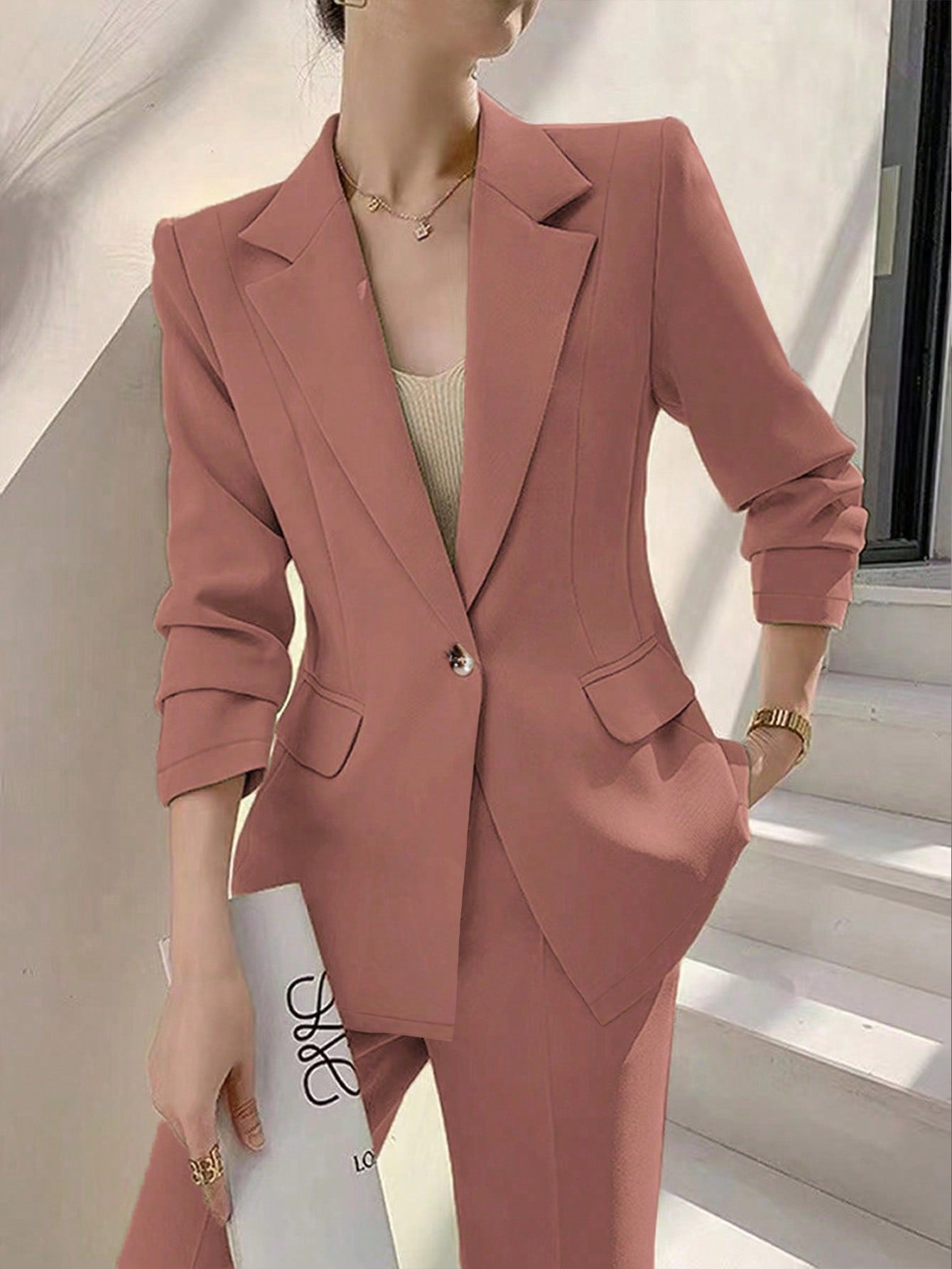 Privé Ladies' Solid Color Simple Daily Suit Jacket And Pants Set - WestLine Apparel