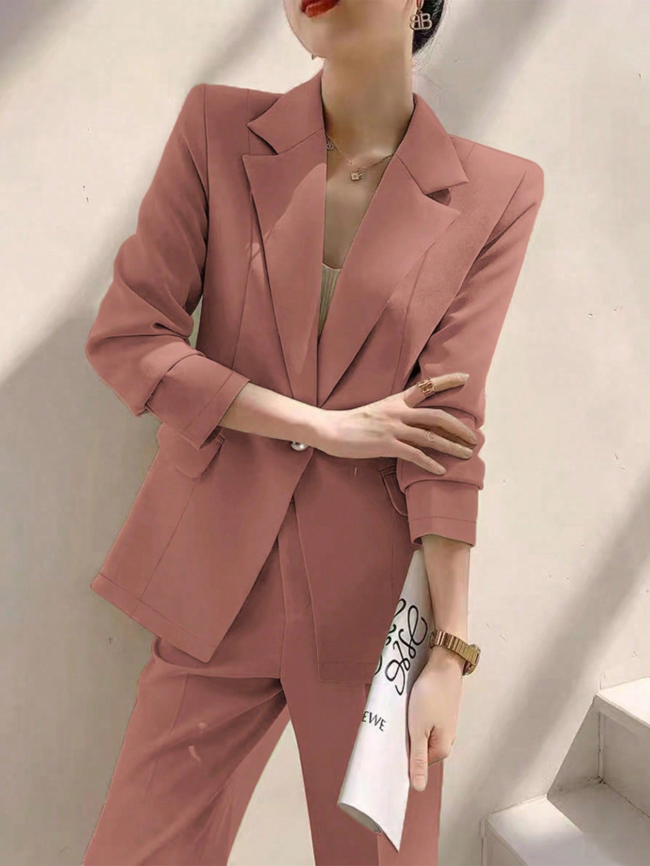 Privé Ladies' Solid Color Simple Daily Suit Jacket And Pants Set - WestLine Apparel