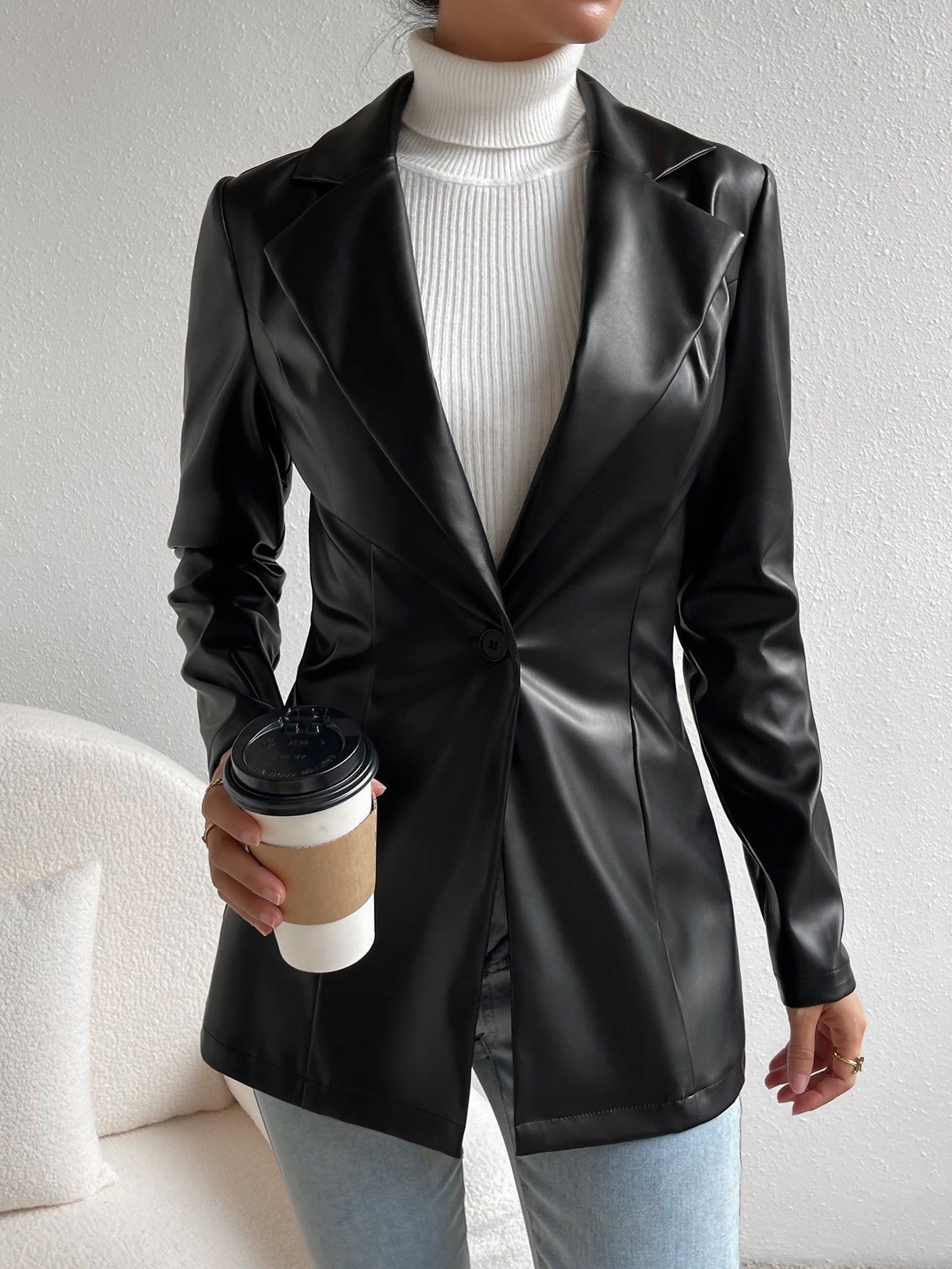 Privé Lapel Collar Single Button PU Black Coat - WestLine Apparel