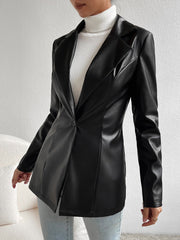 Privé Lapel Collar Single Button PU Black Coat - WestLine Apparel