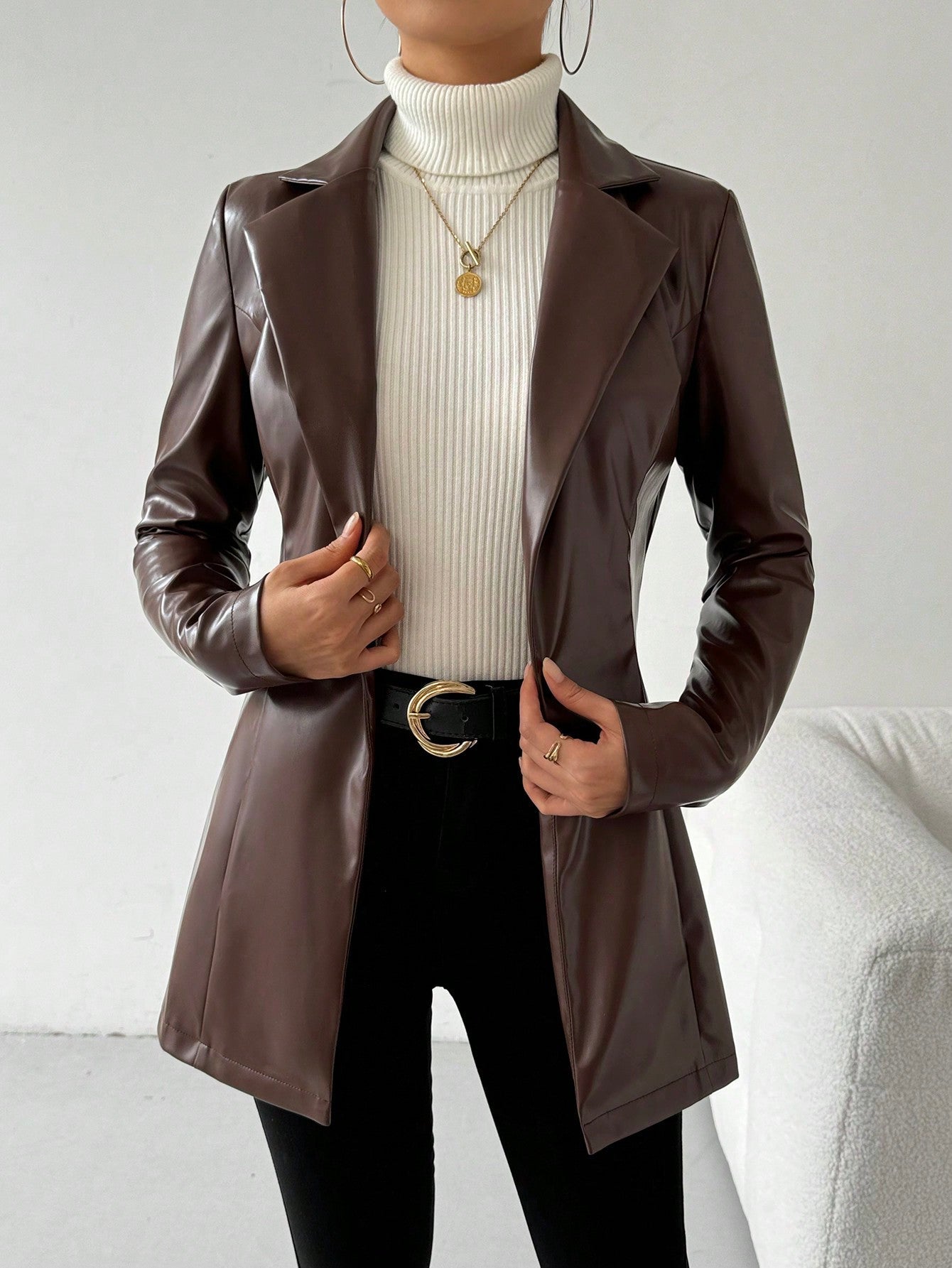 Privé Lapel Collar Single Button PU Black Coat - WestLine Apparel