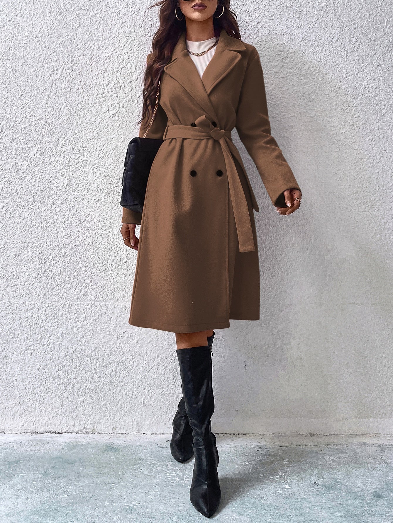 Privé Lapel Neck Double Breasted Belted Coat - WestLine Apparel