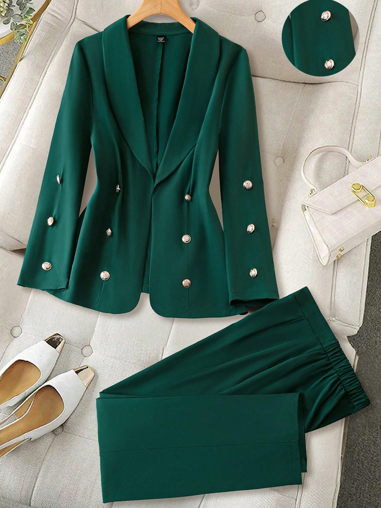 Privé Plus Size Women's Solid Color Lapel Collar Long Sleeve Double-Breasted Blazer And Pants Set, Spring & Autumn - WestLine Apparel