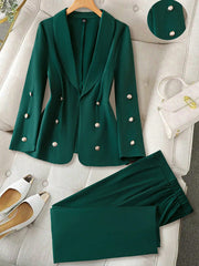 Privé Plus Size Women's Solid Color Lapel Collar Long Sleeve Double-Breasted Blazer And Pants Set, Spring & Autumn - WestLine Apparel