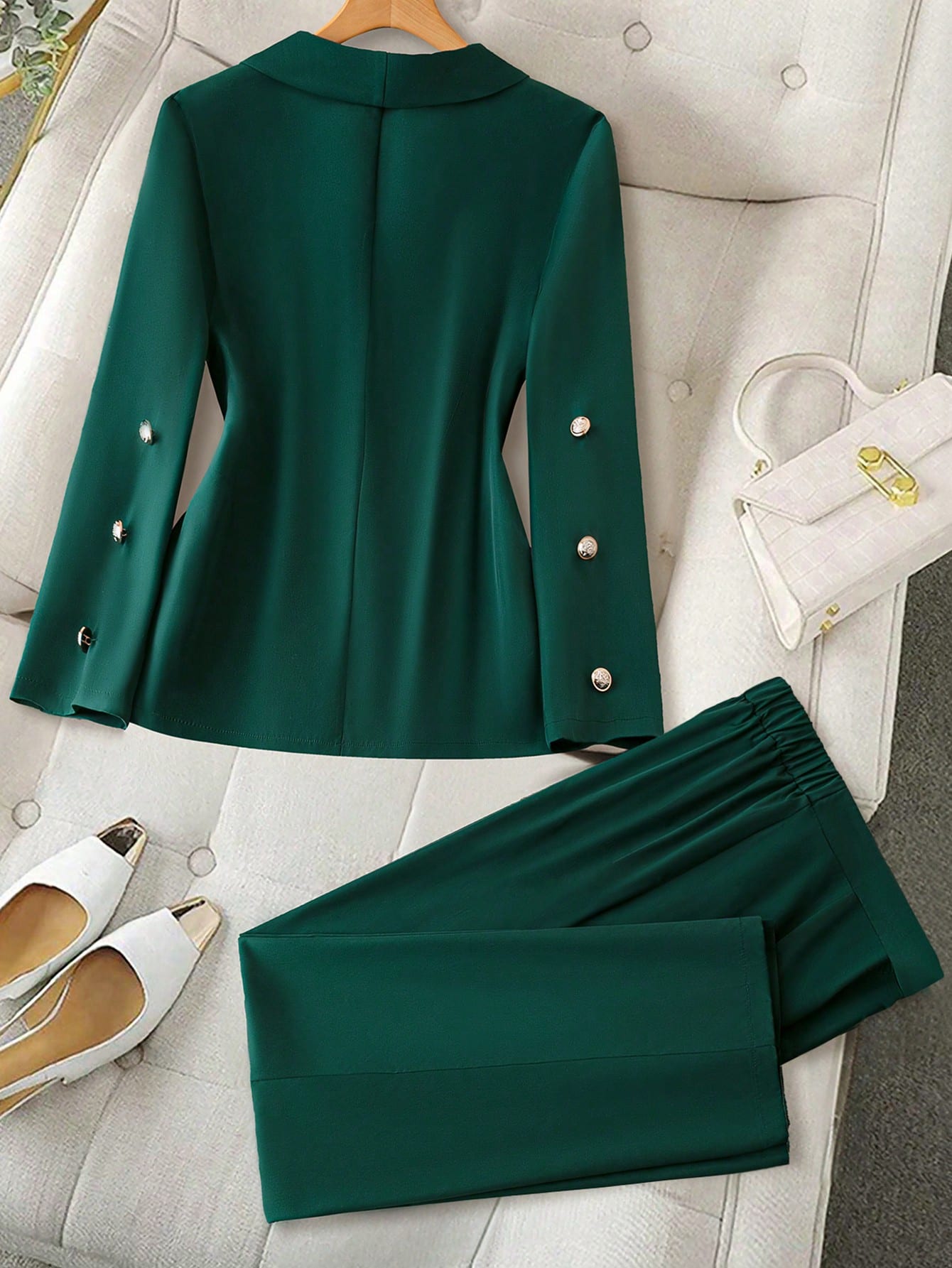 Privé Plus Size Women's Solid Color Lapel Collar Long Sleeve Double-Breasted Blazer And Pants Set, Spring & Autumn - WestLine Apparel