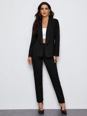 Privé Shawl Collar Open Front Blazer And Slant Pocket Pants Set Business Casual Women - WestLine Apparel