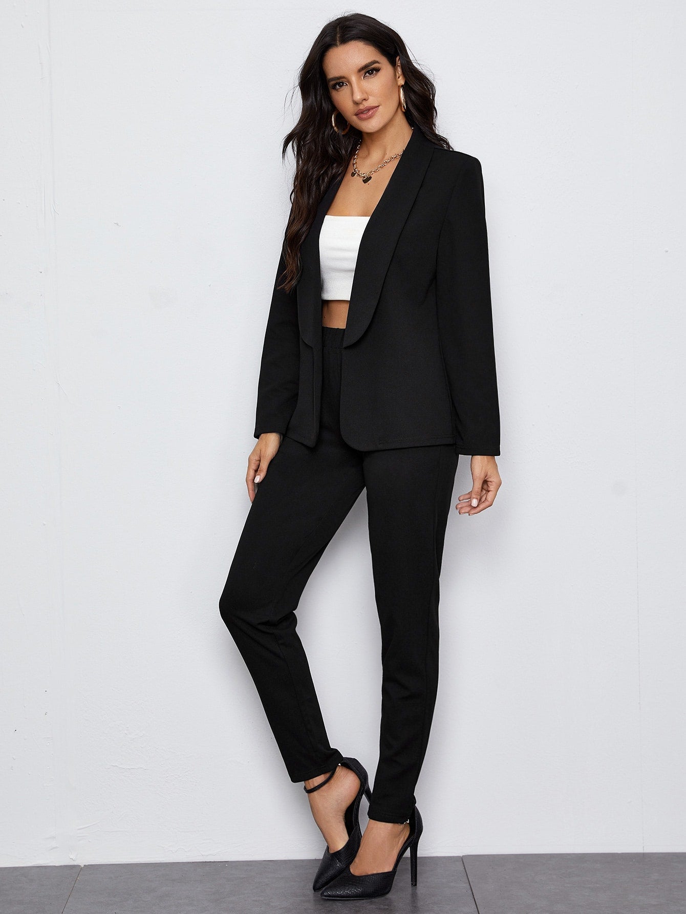Privé Shawl Collar Open Front Blazer And Slant Pocket Pants Set Business Casual Women - WestLine Apparel