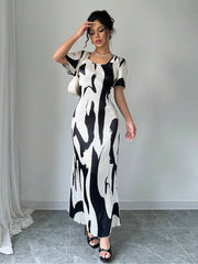 Privé Women Contrast Color Print Crew Neck Short Sleeve Dress (Random Print) - WestLine Apparel