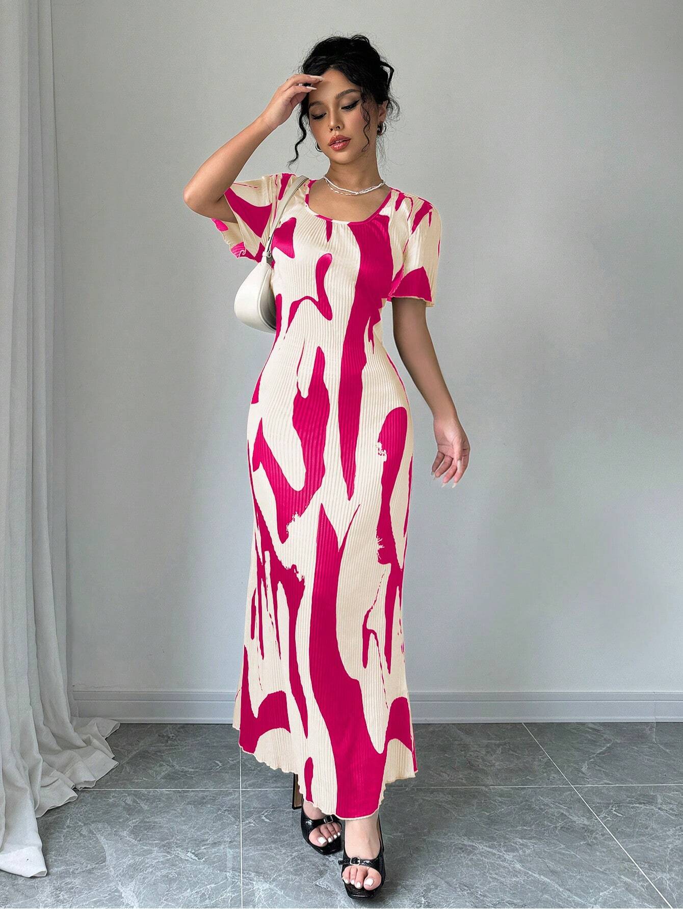 Privé Women Contrast Color Print Crew Neck Short Sleeve Dress (Random Print) - WestLine Apparel