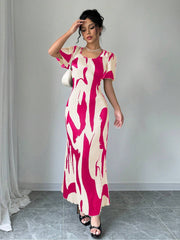 Privé Women Contrast Color Print Crew Neck Short Sleeve Dress (Random Print) - WestLine Apparel