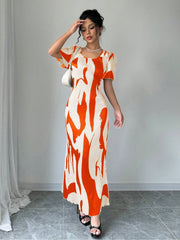 Privé Women Contrast Color Print Crew Neck Short Sleeve Dress (Random Print) - WestLine Apparel