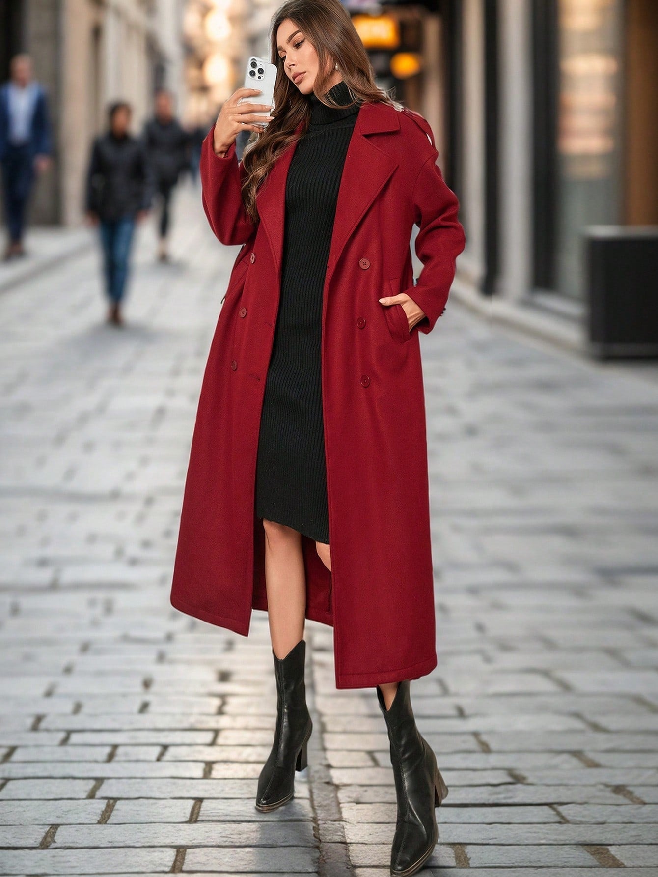 Privé Women's Elegant & Stylish Burgundy Long Trench Coat, New Autumn Winter Design,Notched Collar Double-Breasted Long Sleeve Wrinkle-Resistant Fashionable Trench Coat,Fall Women Coat,Winter Women Clothes Suitable For Dating, Parties, Holidays, Banque - WestLine Apparel