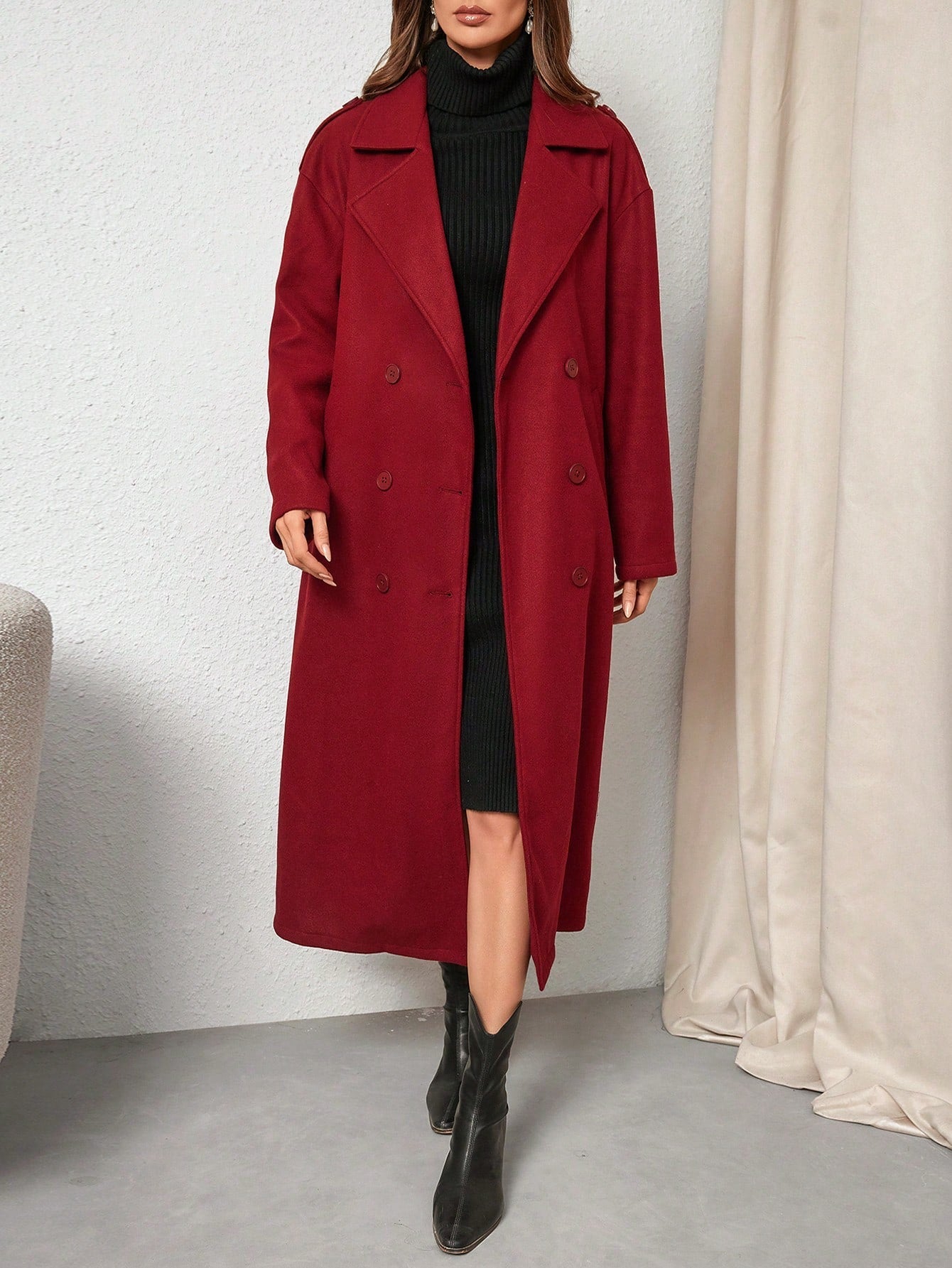 Privé Women's Elegant & Stylish Burgundy Long Trench Coat, New Autumn Winter Design,Notched Collar Double-Breasted Long Sleeve Wrinkle-Resistant Fashionable Trench Coat,Fall Women Coat,Winter Women Clothes Suitable For Dating, Parties, Holidays, Banque - WestLine Apparel