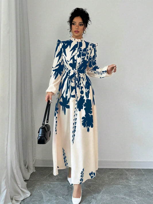 Privé Women's Floral Cinched Waist Long Sleeve A-Line Dress With Front Button - WestLine Apparel