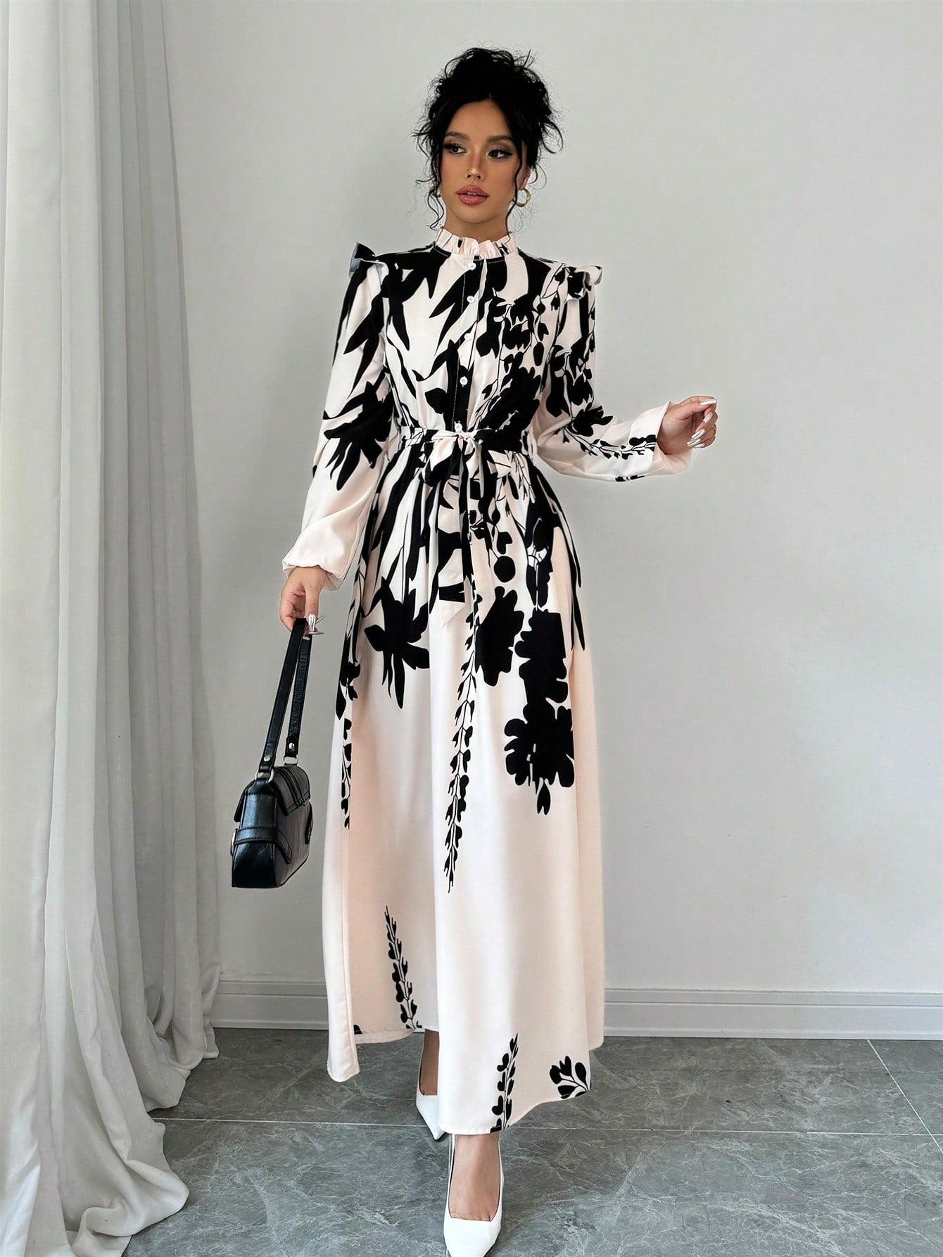 Privé Women's Floral Cinched Waist Long Sleeve A-Line Dress With Front Button - WestLine Apparel