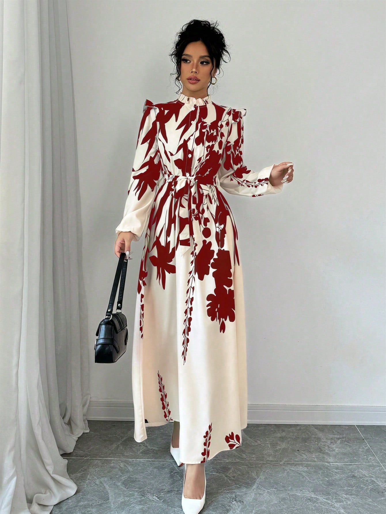 Privé Women's Floral Cinched Waist Long Sleeve A-Line Dress With Front Button - WestLine Apparel