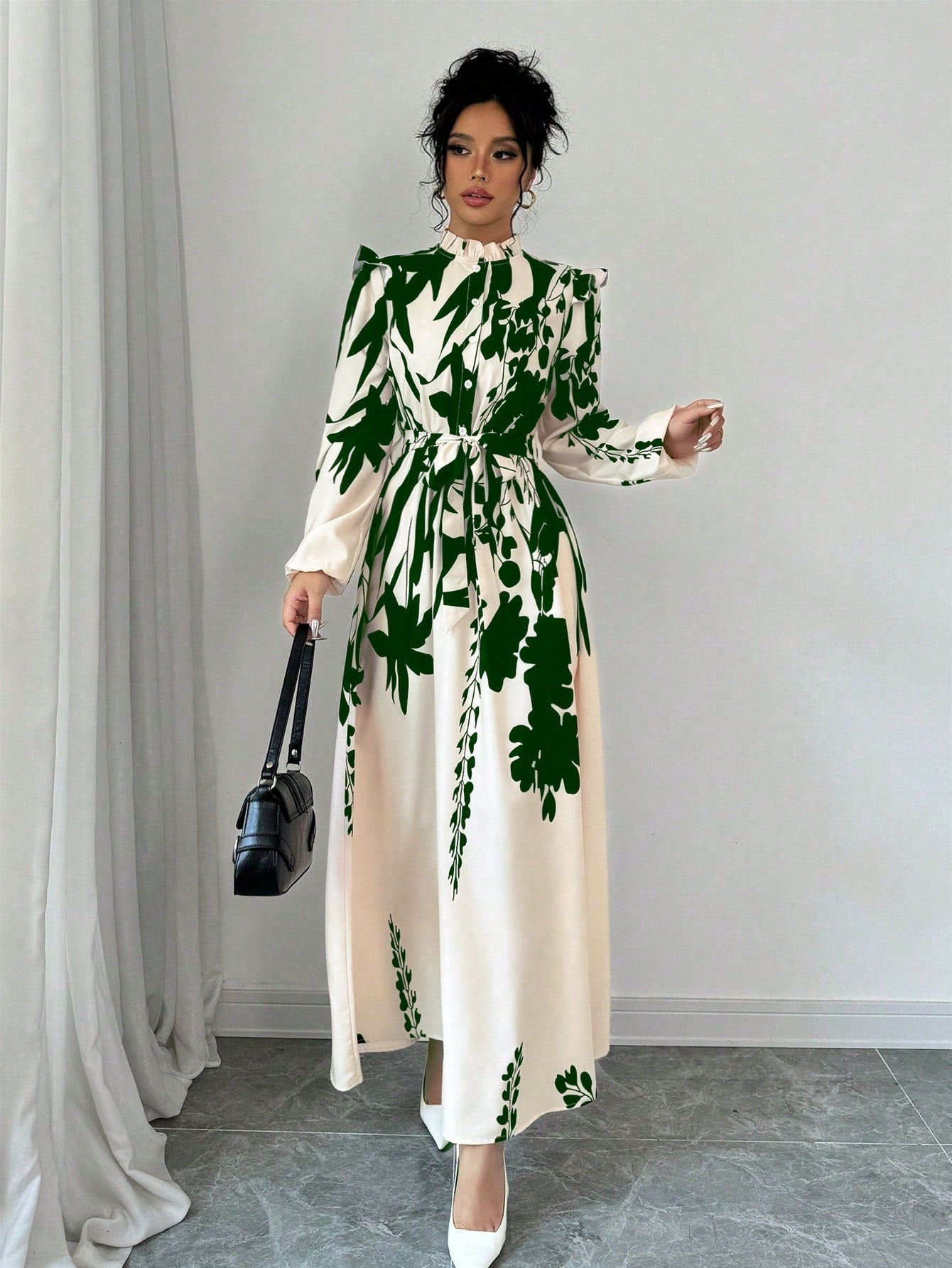 Privé Women's Floral Cinched Waist Long Sleeve A-Line Dress With Front Button - WestLine Apparel