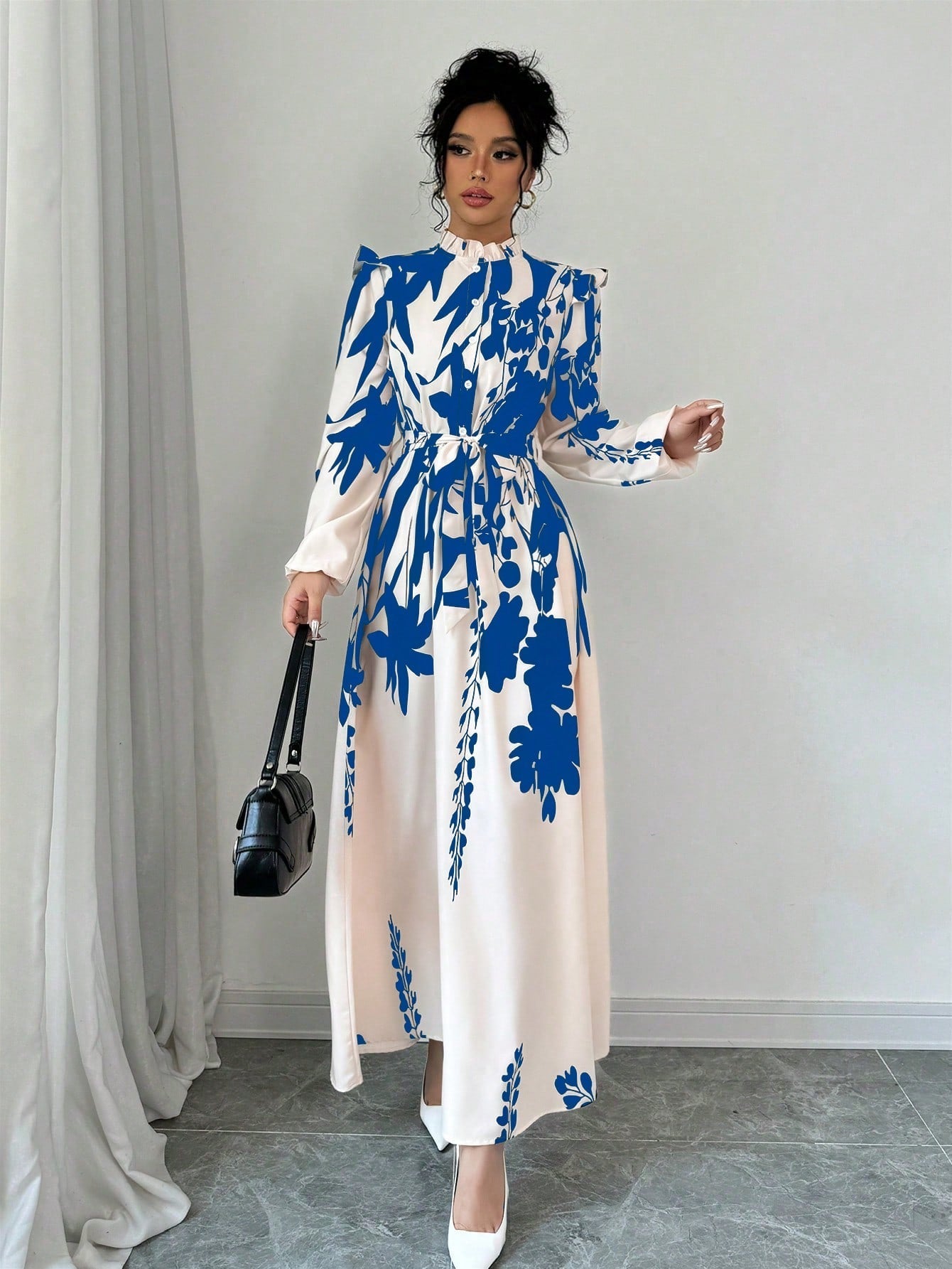 Privé Women's Floral Cinched Waist Long Sleeve A-Line Dress With Front Button - WestLine Apparel