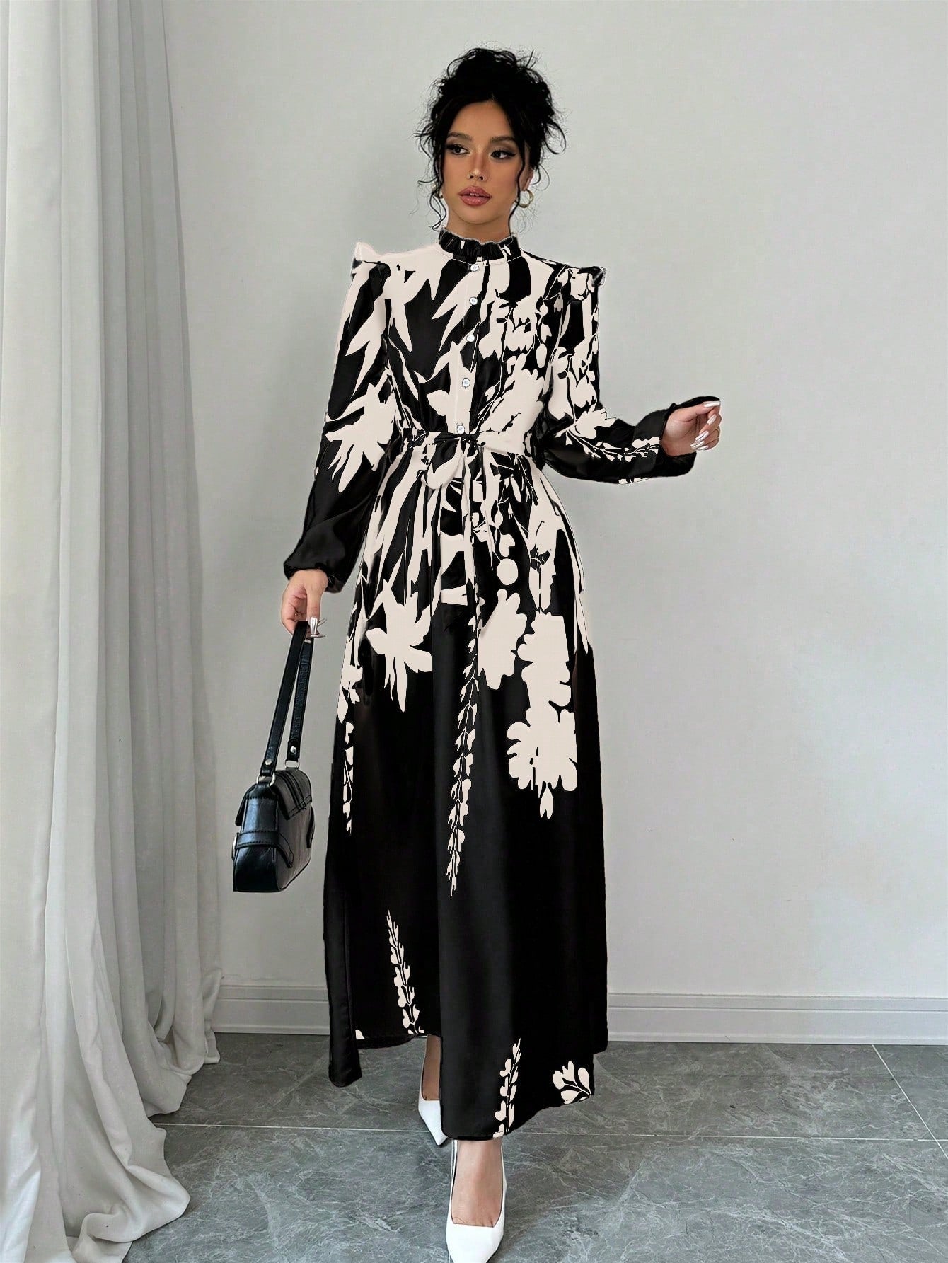 Privé Women's Floral Cinched Waist Long Sleeve A-Line Dress With Front Button - WestLine Apparel