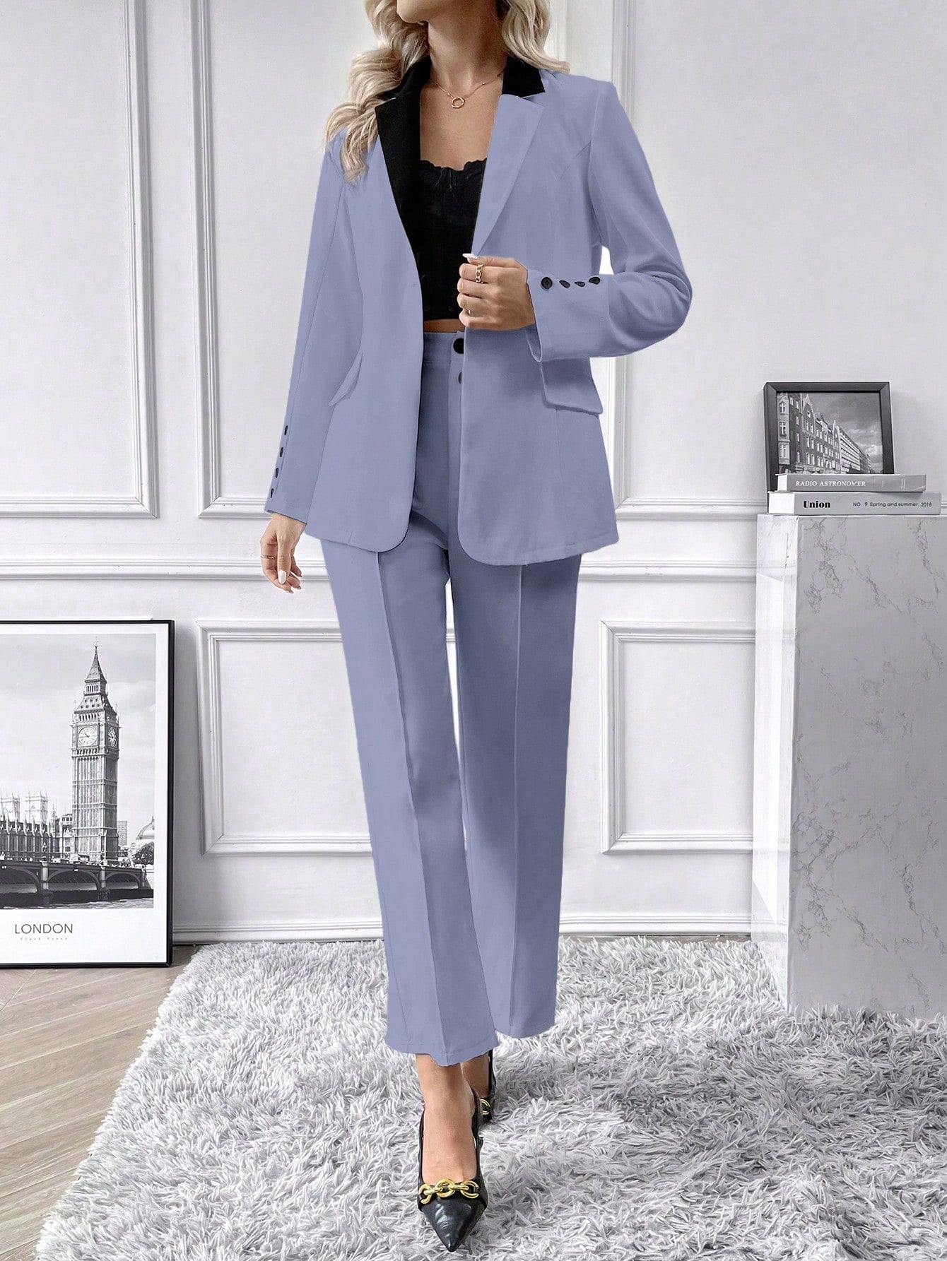 Privé Women's Solid Color Single Button Lapel Blazer With Pocket And Long Trousers Suit - WestLine Apparel